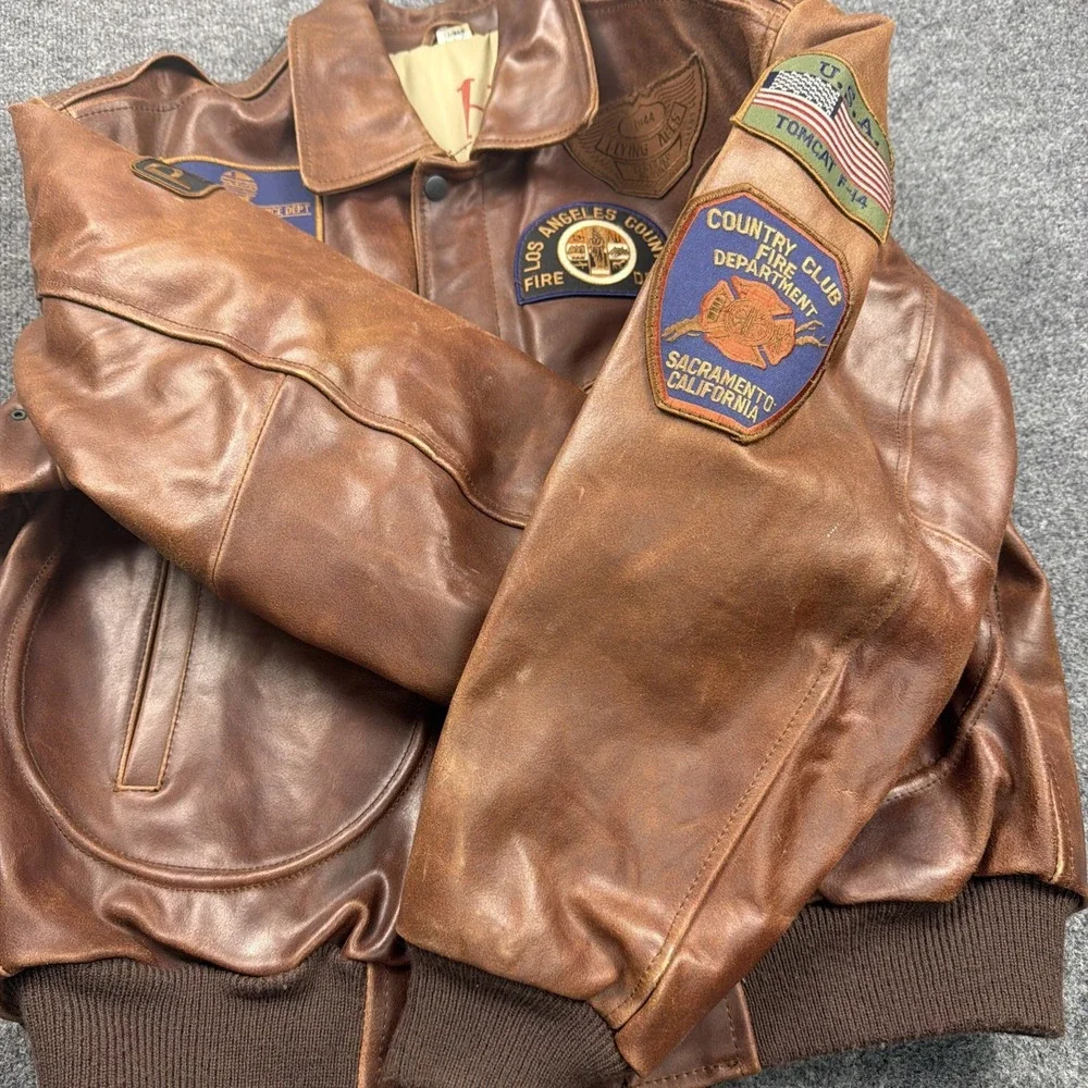 Men's CHIA Brown Leather A-2 Flight Bomber Jacket Patches‎ Southwest Airborne M